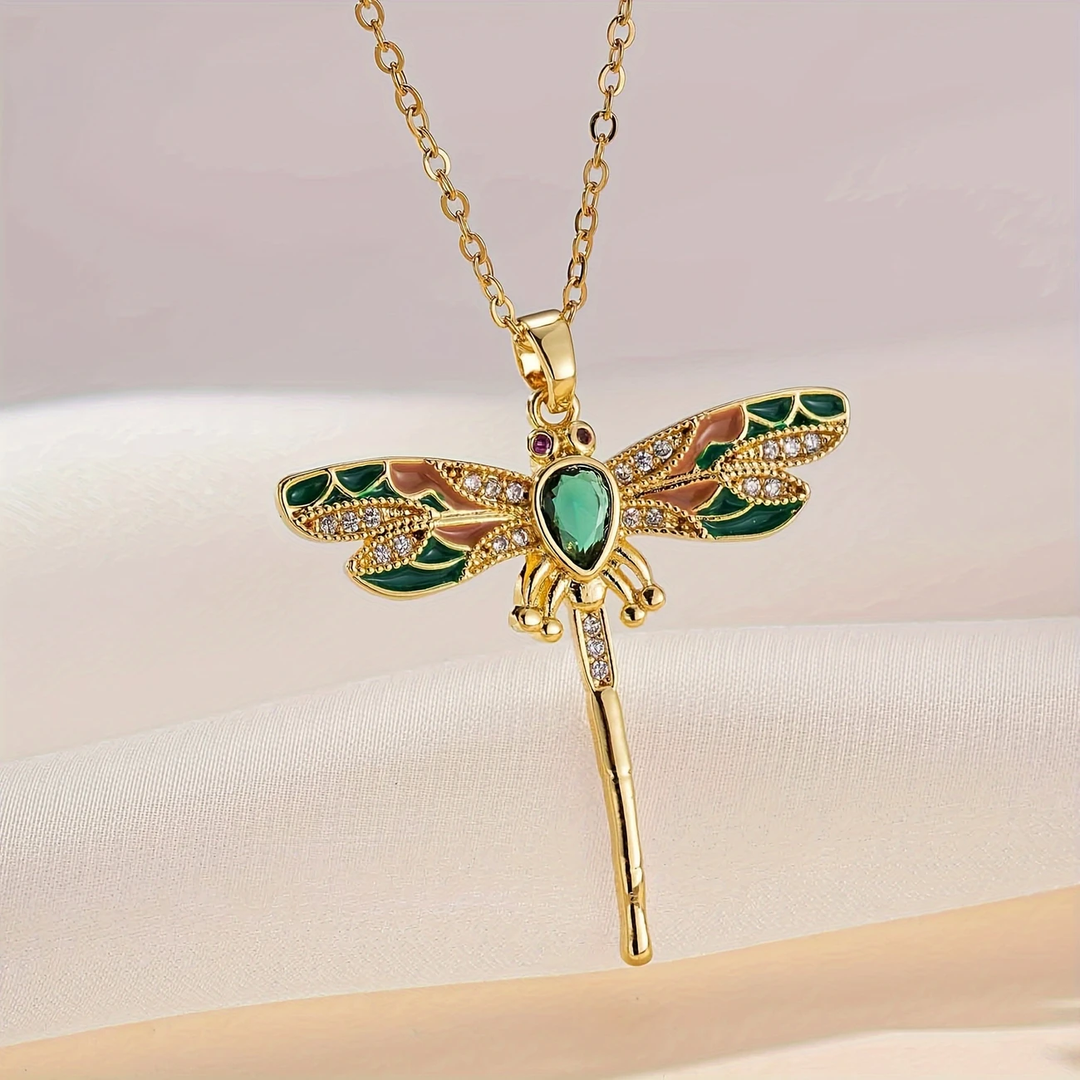 Collar Libélula Verde Oro Brillante